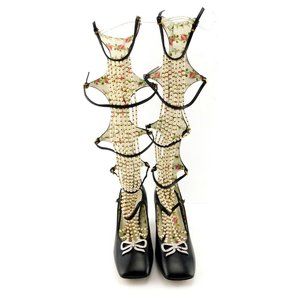 Unworn GUCCI Raining Pearl and Crystal Caged Black Leather Bootie Heels 37.5